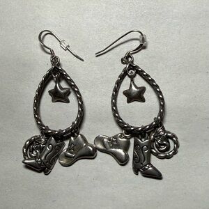 WESTERN 925 STERLING SILVER DANGLE EARRINGS, HAT, COWBOY BOOTS
